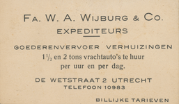 712869 Visitekaartje van de firma W.A. Wijburg & Co., Expediteurs, De Wetstraat 2 te Utrecht